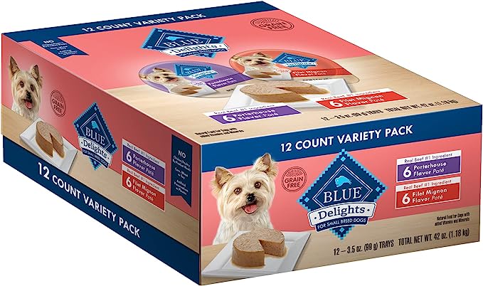 Blue Buffalo Delights Natural Adult Small Breed Wet Dog Food Cups, Pate Style, Filet Mignon and Porterhouse 3.5-oz (12 Pack- 6 of Each Flavor)