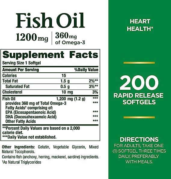 Nature’s Bounty Fish Oil, Supports Heart Health, 1200 Mg, Rapid Release Softgels, 200 Ct - Image 2