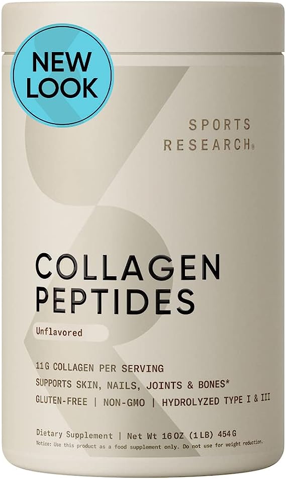 Sports Research Collagen Peptides – Hydrolyzed Type 1 & 3 Collagen Powder Protein Supplement for Healthy Skin, Nails, Bones & Joints – Easy Mixing Vital Nutrients & Proteins, Collagen for Women & Men